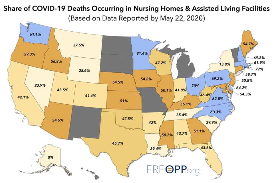 Forbes Blog Map COVID-19 Fatalities in Long Term Care Facilities as percent of fatalities in state